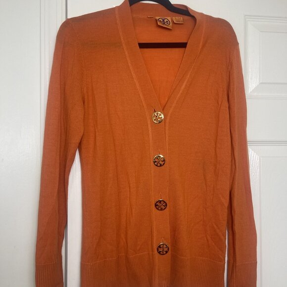 Tory Burch Size Medium wool Women's Elegant V-Neck Orange Cardigan sweater - Picture 2 of 5
